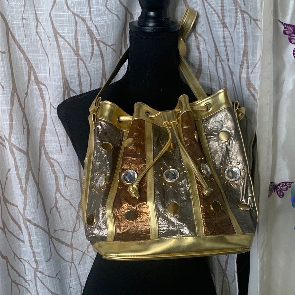 Vintage 1980S Gold and Brown Women's Bucket Bag
